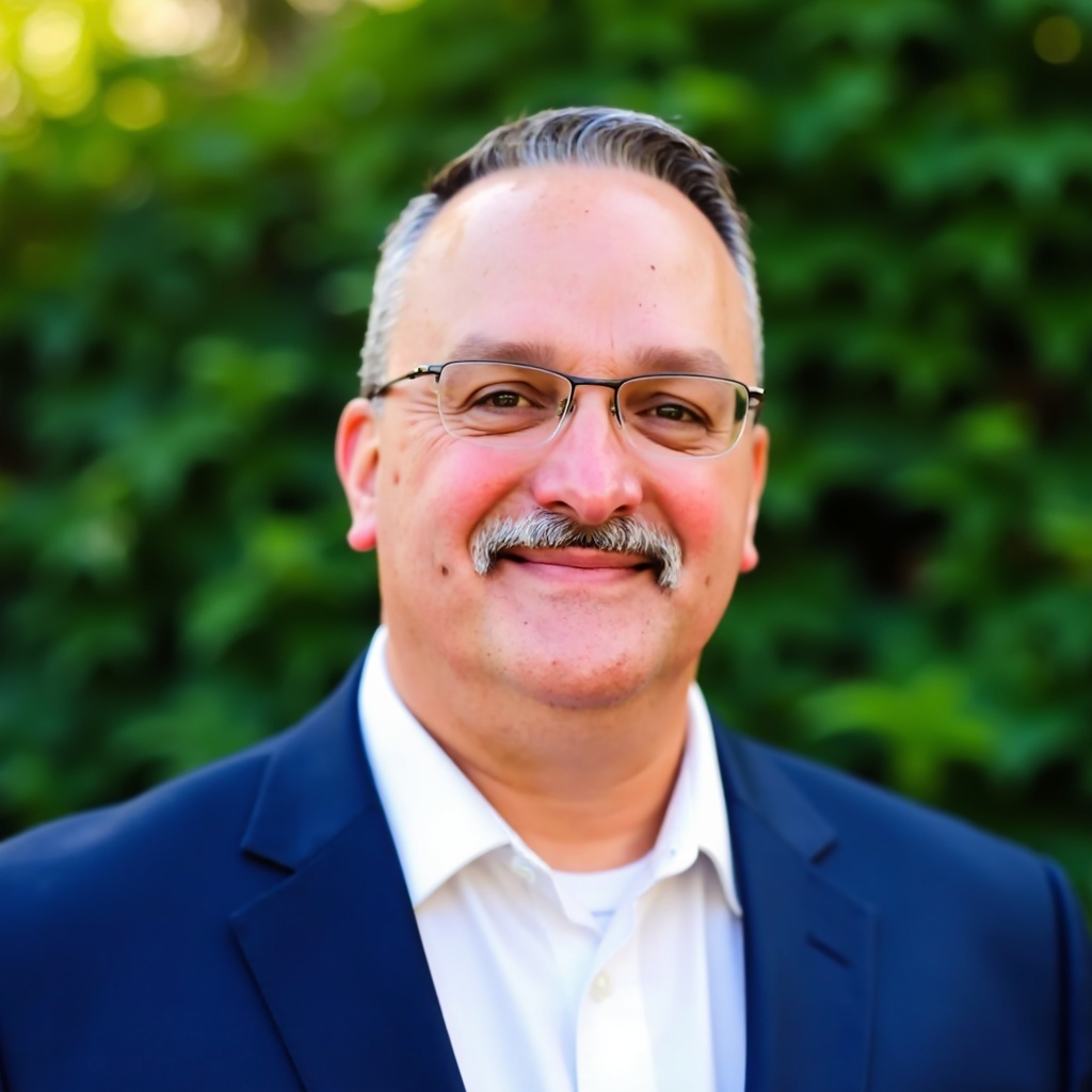 Stephen Combs smiling in a navy jacket and white shirt with greenery behind him