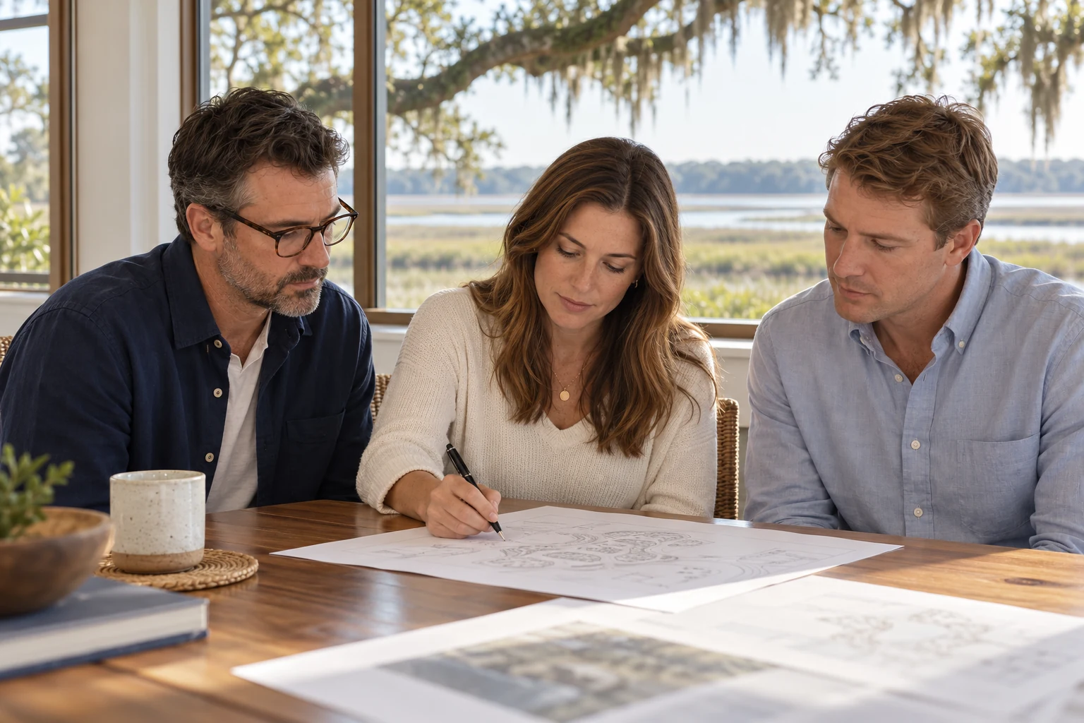 Three colleagues reviewing a plan together