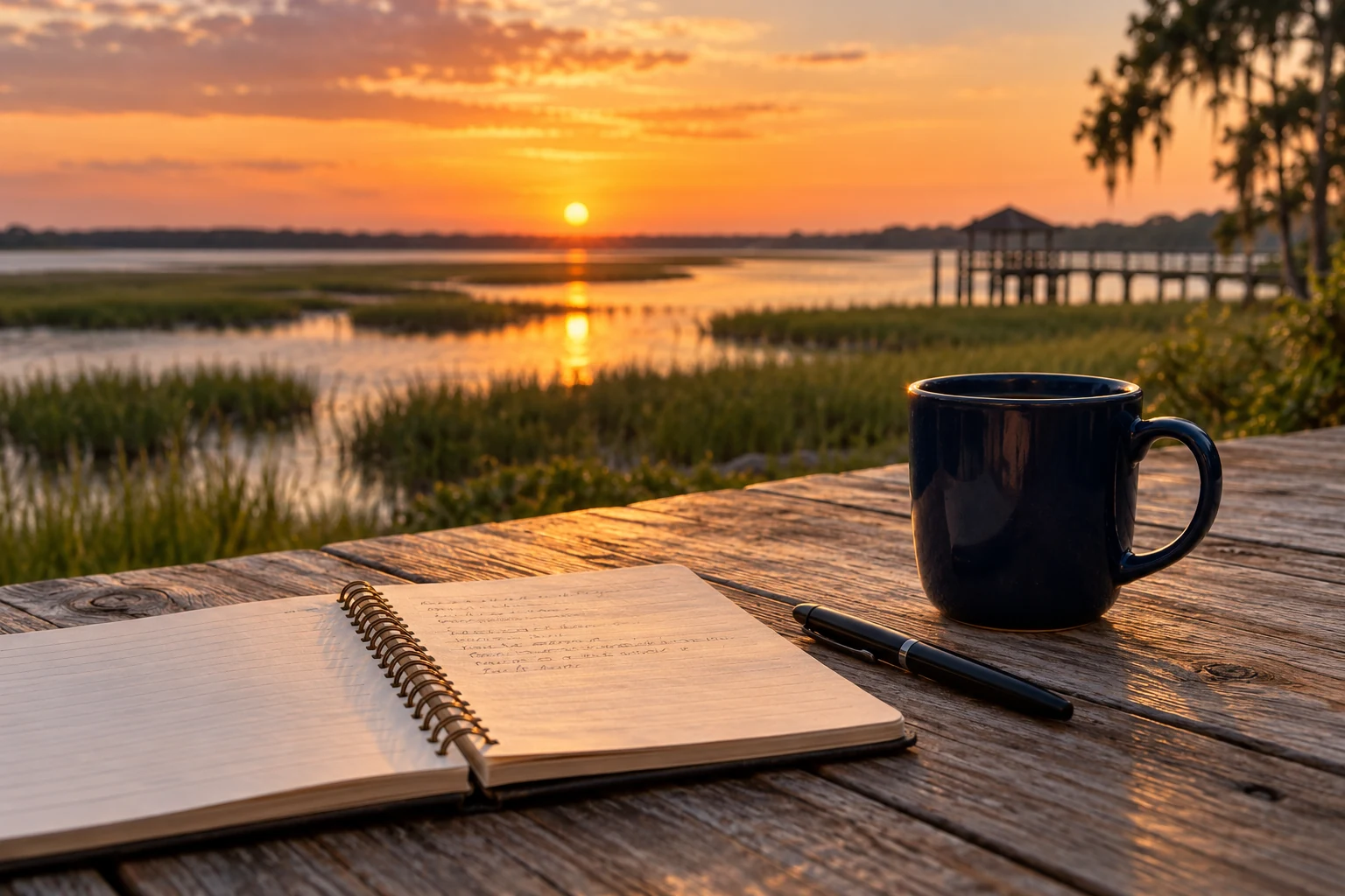 A notebook and coffee beside a Lowcountry marsh at sunset