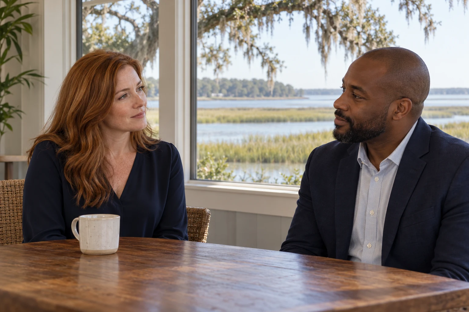Two people listening to one another in a coastal meeting space