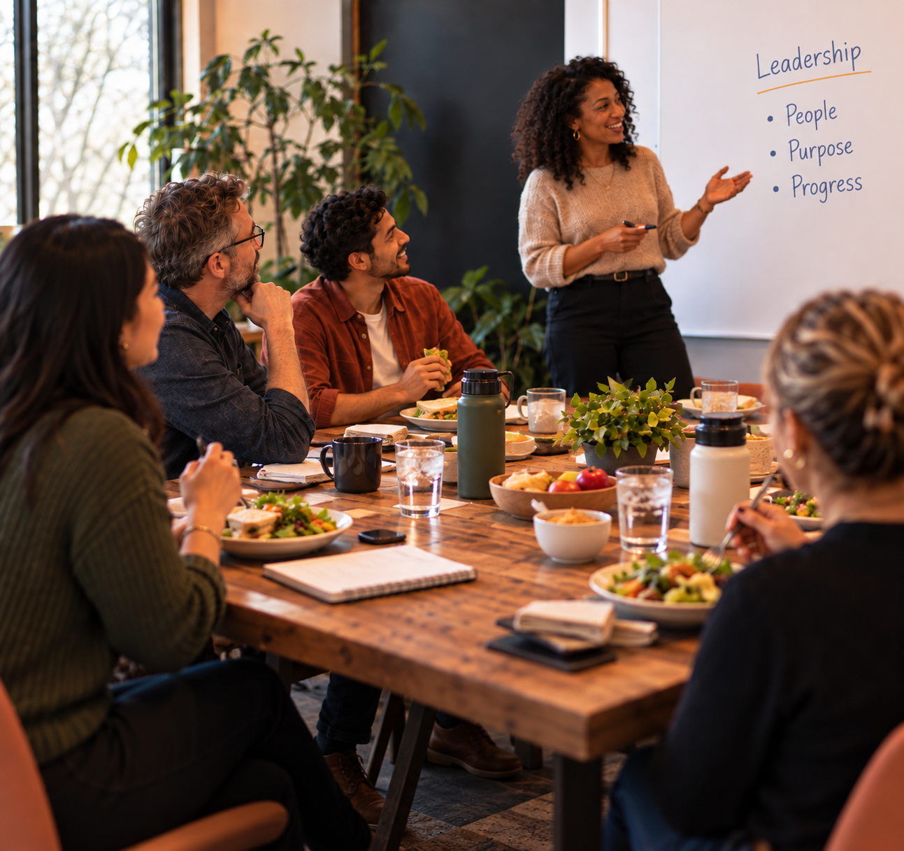 A small group discussing leadership ideas around a table