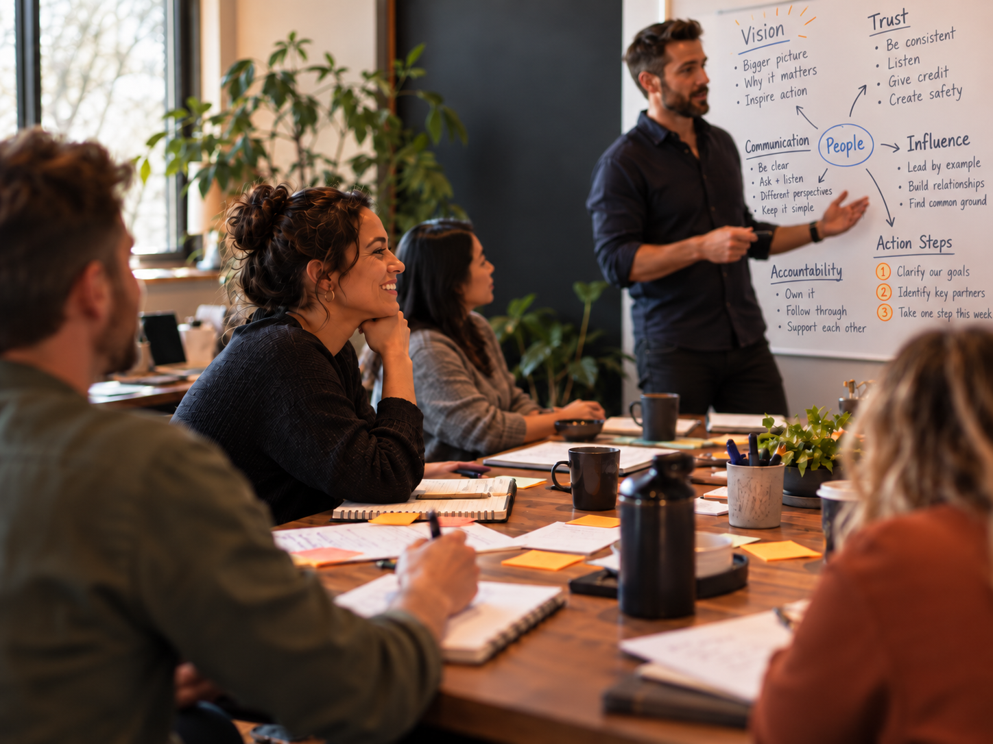 A diverse group engaging in a facilitated leadership workshop around a reclaimed wood table