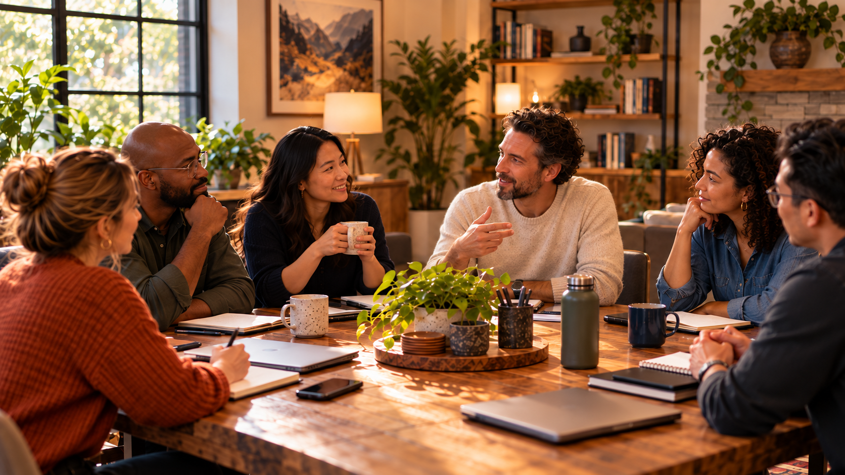 A small, casually dressed group sharing ideas around a table with books and notebooks